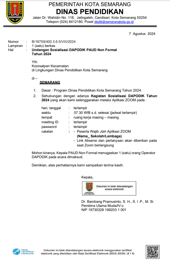 Undangan Sosialisasi Data Pokok Pendidikan Tingkat PAUD Non Formal Tahun 2024